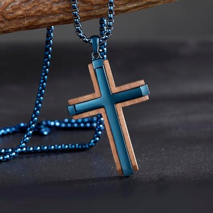 Wooden Cross Necklace for Men With Stainless steel And Black Ebony Adjustable Box Chain 24–26 inches Suitable for Everyday Wear And Christian Gifts for Men - color: Blue