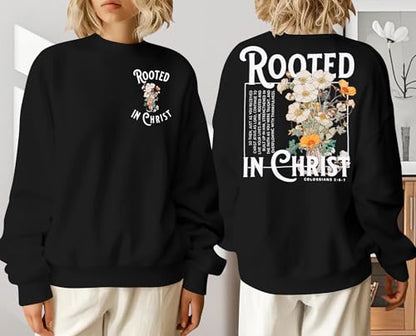 Women Christian Sweatshirt Rooted in Christ Shirts Jesus Boho Faith Clothes - color: Black, size: Small