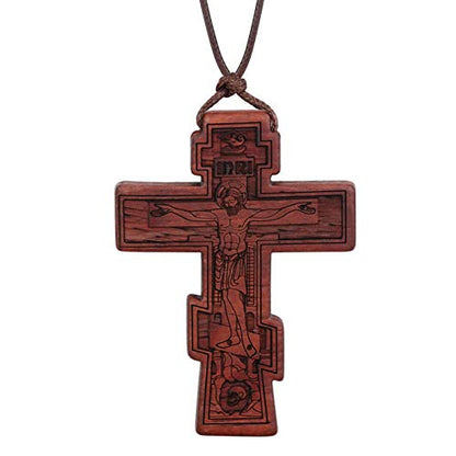 COTTVOTT Wood Orthodox Cross Pendant Necklace Christian Crucifix Necklace Prayer Jesus for Women Men - style: B-Red Color
