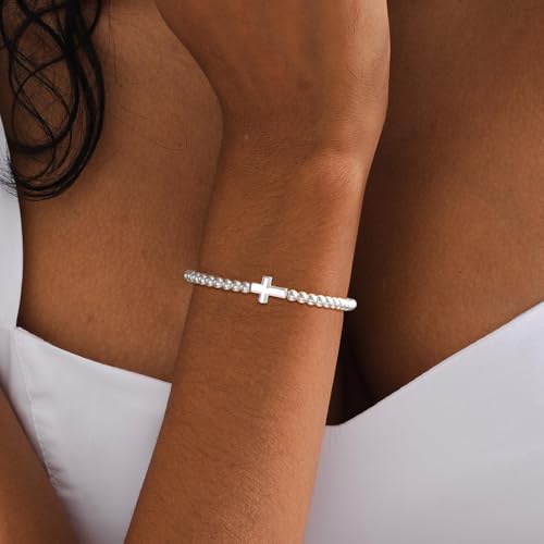 Beaded Bracelets for Women 14K Silver Gold Plated Stretch Handmade Ball Bracelets Cute Charm Bracelet Dainty Stackable Cross Heart Bow Wave CZ Circle Trendy Jewelry Easter Gifts - color: Silver-2