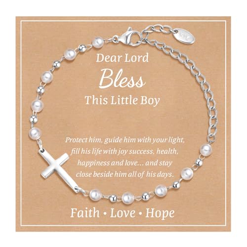 Baby Baptism Cross Bracelet Gift : 18k Gold Plated/Silver Delicate Pearl Cross Bracelets Kids Daughter Granddaughter Birthday First Communion Confirmation Gifts Christian Jewelry for Boys Girls - style: Silver - style B