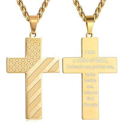 DuoDiner 18+2" Cross Necklace for Men Boys Christian Confirmation Gifts - color: Gold, style: God