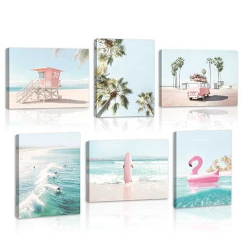 HOURIA 6Pcs Ocean Beach Canvas Wall Art Set(8”x10”), Summer Ocean Surfing Wall Decor,Coastal Seascape Themed Wall Decor,Pink Surfboard Coconut Tree Art Print for Living Room Bedroom - color: Ocean Beach Canvas Wall Art, size: 8X10inches