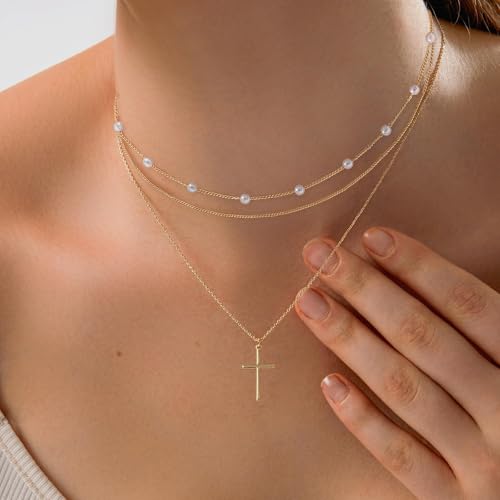 LULII Cross Necklace for Women Dainty 14K Gold Silver Plated Small Cross Pendant Choker Simple Cute Cross Gold Necklace for Women Trendy Faith Jewelry Gift - color: 3Layer Cross Pearl-Gold