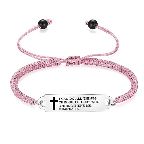 Bible Verse Bracelet-Stainless Steel Scripture Quotes Inspirational Bracelet Faith Christian Bracelet for Women, Christmas gift for women - color: Braided rope-Pink