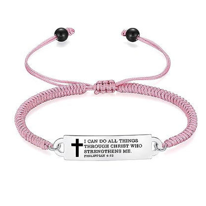 Bible Verse Bracelet-Stainless Steel Scripture Quotes Inspirational Bracelet Faith Christian Bracelet for Women, Christmas gift for women - color: Braided rope-Pink