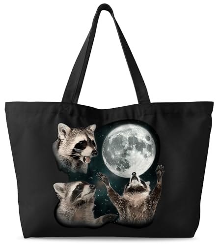 Miss Adola Large Tote Bag for Women - Canvas Tote Bag with Zipper Aesthetic Reusable Shoulder Bag for Gym, Travel, Work - style: Three Raccoon