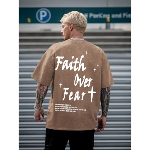 Christian Shirts for Men Faith Over Fear Acid Wash Tshirts Faith Religious Tees God Bible Verse Inspirational Tops - color: Coffee, size: Large