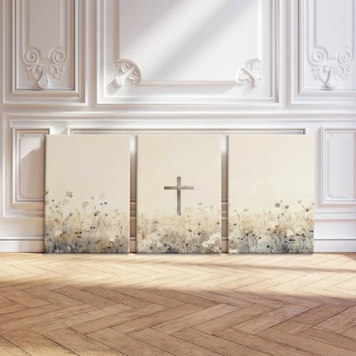 QKYKISS 3Pcs Jesus Wall Art Nature Wildflowers Cross Canvas Poster Religious Pastoral Scenery Picture Rustic Meadow Mural Country Flowers Art Print Living Room Bedroom Office With wooden frame12x16in - color: Religious Cross, size: 12x16 Inches