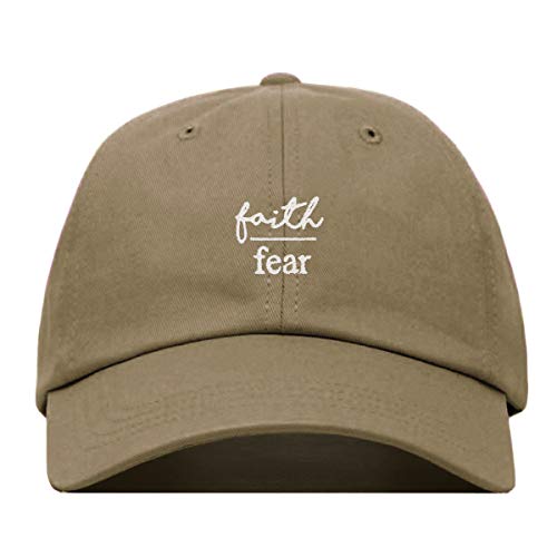 Faith is Greater Than Fear Baseball Hat, Embroidered Dad Cap, Unstructured Adjustable Strap Back (Multiple Colors) - color: Khaki