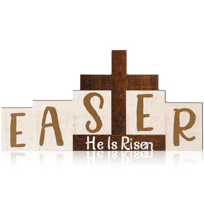 Easter Resurrection Decorations Religious He is Risen Sign Easter Wooden Table Centerpieces with Farmhouse Rustic Cross Hanging Christian Tiered Tray Decor for Spring Table Home Shelf Decor - style: Crucifix