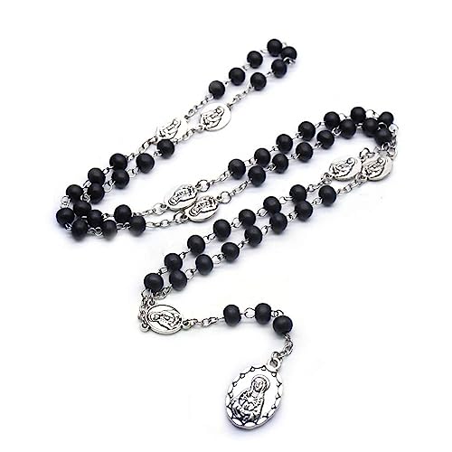 Seven Sorrows of Mary Rosary Wooden Beads Catholic Jewelry Necklace for Pray - color: Black