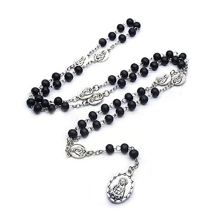 Seven Sorrows of Mary Rosary Wooden Beads Catholic Jewelry Necklace for Pray - color: Black