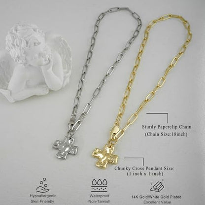 Chunky Cross Necklace for Women, 14K Gold Silver Pendant Necklace - color: Gold-Lobster Clasp-1 inch pendant