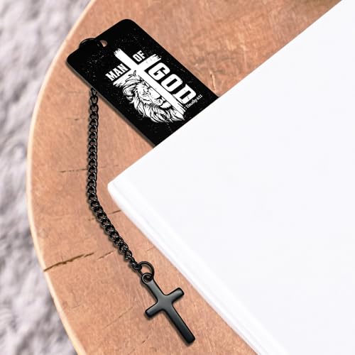 Bible Verse Metal Bookmark for Men, Man of God Christian Bookmark for Men, Religious Fathers Day Gift Scripture Book Mark with Cross Pendant for Husband Dad Reading Gifts