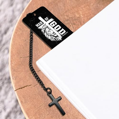 Bible Verse Metal Bookmark for Men, Man of God Christian Bookmark for Men, Religious Fathers Day Gift Scripture Book Mark with Cross Pendant for Husband Dad Reading Gifts
