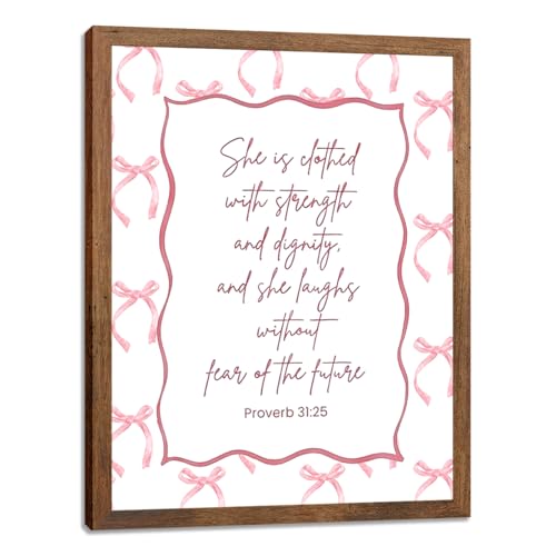 SEHSUVC Pink Bows Bible Verse Christian Canvas Wall Art, Wood Framed Trendy Religious Wall Decor, Cute Coquette Preppy Girls Aesthetic Room Decor Gifts for Bedroom Living Room Home Decor 8x10inch - color: Pink Bow 31:25