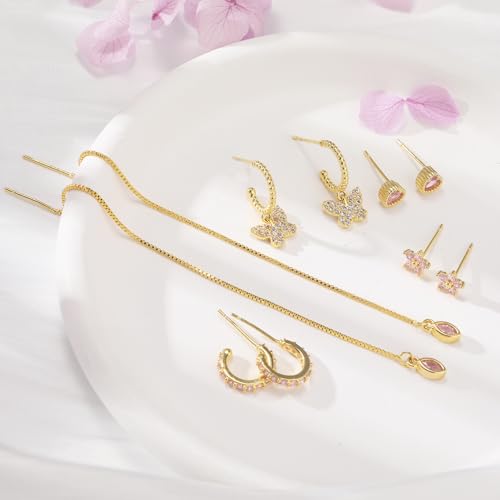 Gold Earrings Set for Women 14K Gold Plated Cubic Zirconia Love Heart Bowknot Clover Fruit Flower Insect Ocean Cross Huggie Hoop Earrings Stud Earrings Set for Multiple Piercing Party Jewelry Gifts - style: Butterfly and Heart