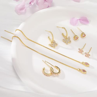 Gold Earrings Set for Women 14K Gold Plated Cubic Zirconia Love Heart Bowknot Clover Fruit Flower Insect Ocean Cross Huggie Hoop Earrings Stud Earrings Set for Multiple Piercing Party Jewelry Gifts - style: Butterfly and Heart