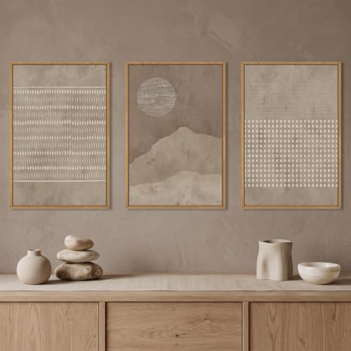 Aryroi Mid Century Modern Tan Beige Framed Canvas Wall Art Set-24"x36"x3 - color: Neutral Dot Wall Art, size: 24"L x 36"W
