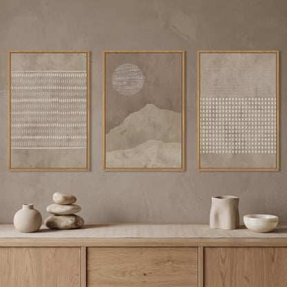 Aryroi Mid Century Modern Tan Beige Framed Canvas Wall Art Set-24"x36"x3 - color: Neutral Dot Wall Art, size: 24"L x 36"W