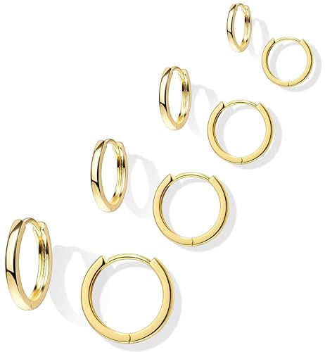 Small Gold Huggie Hoop Earrings Set for Women Men Hypoallergenic 14K Plated Stack Cartilage Earrings, Sterling Silver Multiple Piercing Lightweight Mini Thin Cute Dainty Trendy Jewelry Gifts for Women - color: Gold-Flat