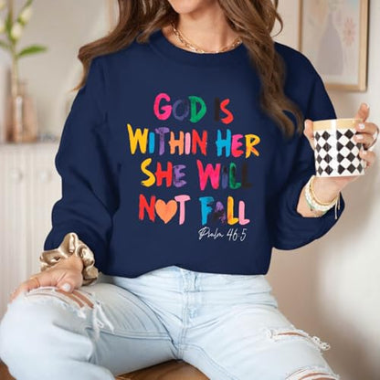 Wrenpies Christian God Is Within Her Sweatshirts for Women Jesus Faith Bible Verse Shirts Inspirational Hoodie Pullover Tops - color: Navy Blue, size: XX-Large