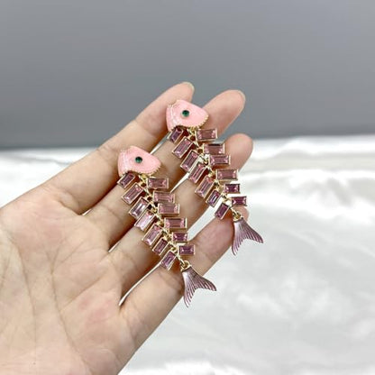 Fish Bone Earrings Drip Oil Animal Earrings Colorful Crystal Sparkly Enamel Earrings Creative Long Fishbone Earstud Dangle Fish Drop Earrings Jewelry for Women - color: Pink Fish