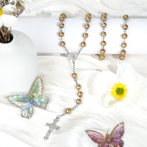 Dark Gold Pearl-Style Rosary Necklace with Metal Gift Box, 8mm, 22 Inch - color: Dark gold
