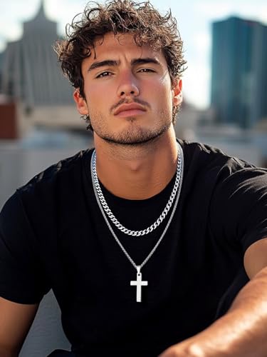FaithHeart Cross Necklace for Men, Silver/Black/Gold Crucifix Necklace Stainless Steel Pendant with Cuban Chain Jesus Cross Necklaces Religious Gifts for Men - color: 01. Cross-Silver, size: Chain Length 18in/20in
