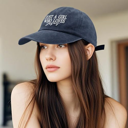 JUSTS A Girls WHO Loves Jesus Hats for Women Aesthetic Washed Distressed - color: Navy Blue