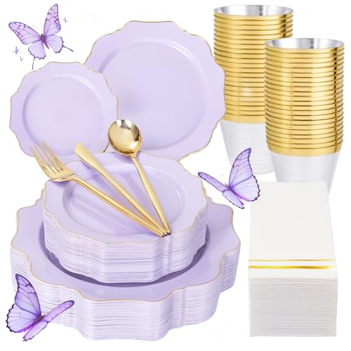 WDF 175Pcs Purple Plates Disposable - Lavender Plastic Plates 25guest Plastic Dinnerware Ideal for Birthday Party/Wedding/Holidays - color: Purple and Gold, size: 175 pieces