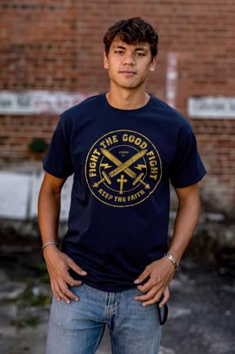 Keep The Faith Christian Graphic T Shirt | Religious Men’s Bible Verse Scripture Tee with Cross and Swords - color: Navy, size: 3X-Large