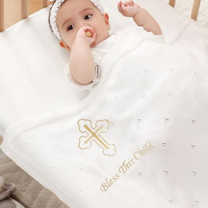 Cotton Knit Baptism Christening Blanket, Bless This Child, 40"x31" - color: Bapatism Pointelle Blanket