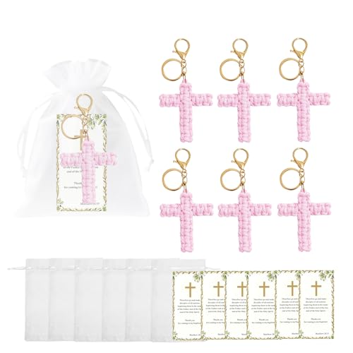 6 Set Cross Keychains, Christian Religious Keychains Bulk With Cards Organza Bags, Communion & Confirmation Presents - color: Pink