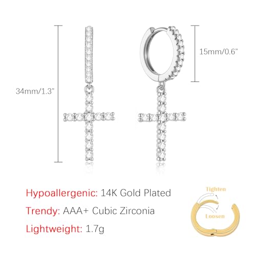 14K Gold Plated Cross Earrings for Women Men, CZ Cross Dangle Earrings Hypoallergenic Jewelry Gift - color: Silver