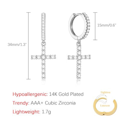 14K Gold Plated Cross Earrings for Women Men, CZ Cross Dangle Earrings Hypoallergenic Jewelry Gift - color: Silver