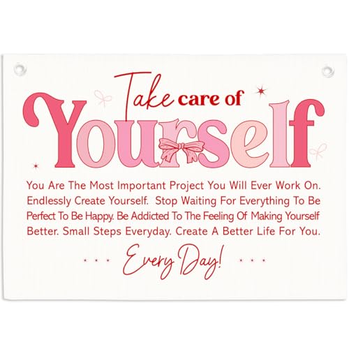 Take Care of Yourself Linen Hanging Banner, Preppy Positive Affirmation Wall Decor for Girls Bedroom Dorm Classroom - color: Multicolor 04