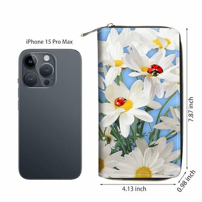 Daisy Flowers and Ladybug Print Wallet for Women Large Capacity Wallet Credit Card Holder PU Leather Zipper Clutch Purse Phone Wallet - color: Daisy Flowers and Ladybug