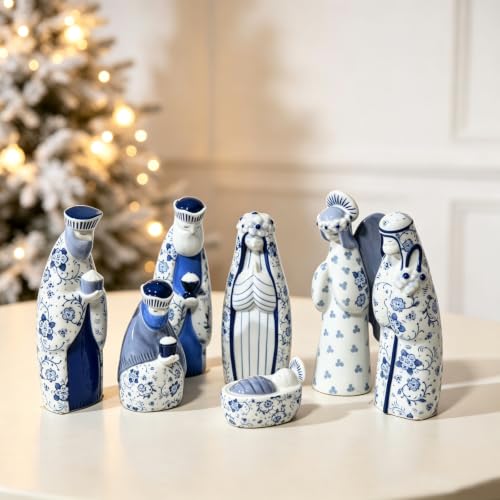 Cynkeyee Chinoiserie Ceramic Nativity Set, 7-Piece, Blue and White, 6 inch