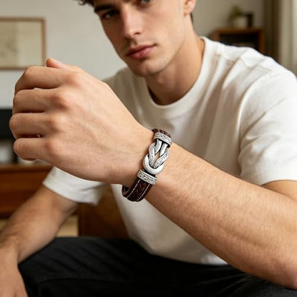 Men's Braided Leather Bracelet Wristband Cuff Bracelet for Men Gifts Stainless Steel Clasp - color: Brown