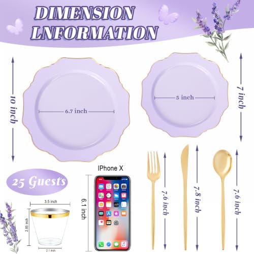 WDF 175Pcs Purple Plates Disposable - Lavender Plastic Plates 25guest Plastic Dinnerware Ideal for Birthday Party/Wedding/Holidays - color: Purple and Gold, size: 175 pieces