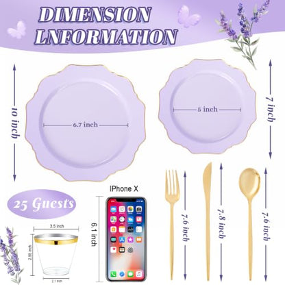 WDF 175Pcs Purple Plates Disposable - Lavender Plastic Plates 25guest Plastic Dinnerware Ideal for Birthday Party/Wedding/Holidays - color: Purple and Gold, size: 175 pieces