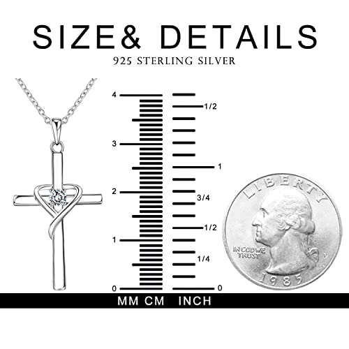 AmorAime 925 Sterling Silver Cross Necklace for Women Men 14K Gold Plated 5A CZ Birthstone Necklaces for Holiday - color: D.white-CZ-April