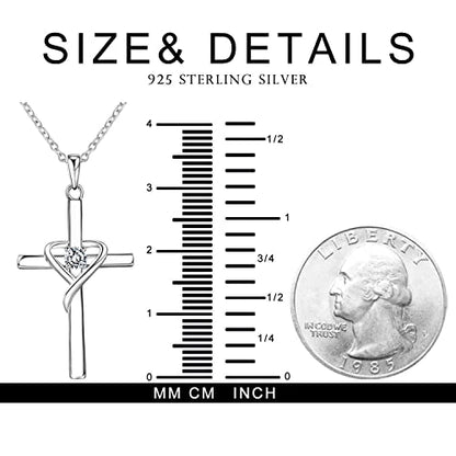 AmorAime 925 Sterling Silver Cross Necklace for Women Men 14K Gold Plated 5A CZ Birthstone Necklaces for Holiday - color: D.white-CZ-April