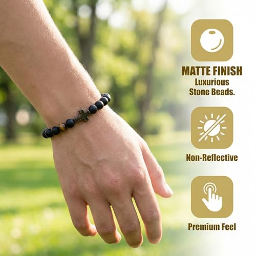 Men’s Cross Bracelet with Elastic Rope,Natural Stone Beaded Bracelet with Stainless Steel Cross,Black Agate & Tiger Eye, Religious Fashion Jewelry for Men/teen - color: B-Isaiah 41:10, size: 8