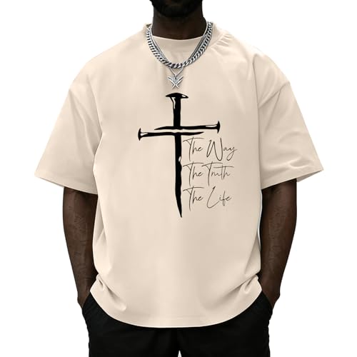 Christian Shirts for Men Faith Cross Shirt Jesus Religious Tshirts Bible Verse Inspirational Oversized Graphic Tees - color: Apricot, size: X-Large