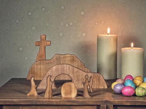 Wooden Easter Empty Tomb Decoration Set with Cross and Figurines, he is Risen, Jesus Resurrection Scene Christian Decor for Home, Church, Office, Shelf Display, Easter Table Decor (#B) - color: #B