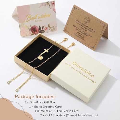 Cross Bracelet Set for Women, 18K Gold Plated Stainless Steel, Minimalist Cross & Initial Letter Charm, Adjustable Layered Bracelets with Gift Box and Inspirational Cards - color: Gold-R