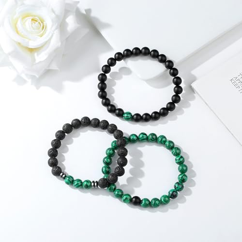 Mens Beaded Bracelets, 8MM Beaded Bracelets for Men, Natural Tiger Eye Bead Bracelet, Stretch Elastic Beads Bracelets for Men - color: 3 malachite black volcanic